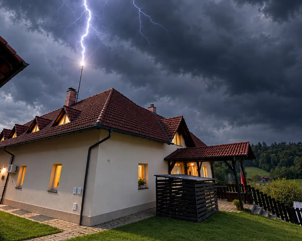 Strela med nevihto udari v strelovod na družinski hiši